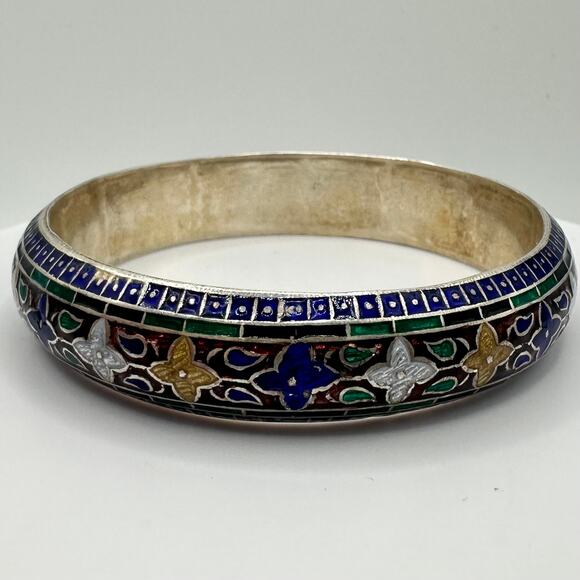 Antique 999 fine silver multicolor cloisonné guilloche enamel bangle bracelet - Picture 3 of 10